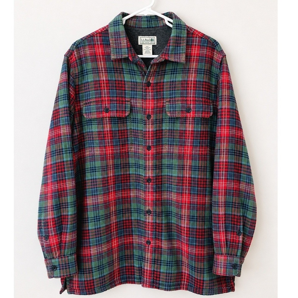 L.L.Bean Chamois Cloth Plaid Flannel Shirt Jacket Fleece Lined Men's L Regular